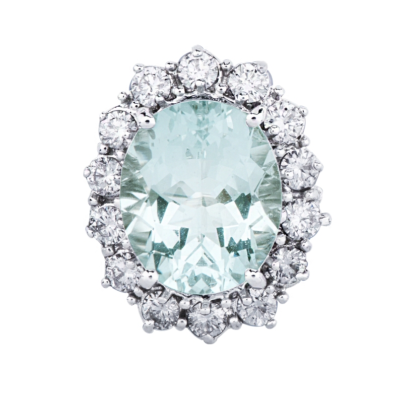 Bague contournée or 18k avec aigue-marine ovale et 14 diamants