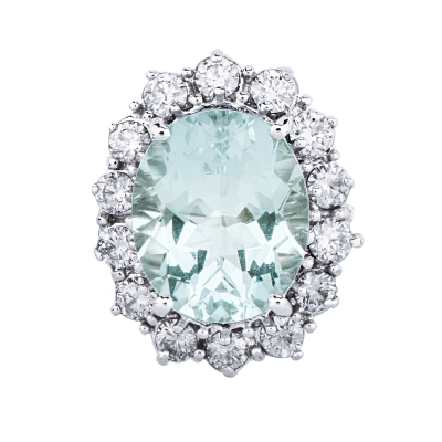 Bague contournée or 18k avec aigue-marine ovale et 14 diamants