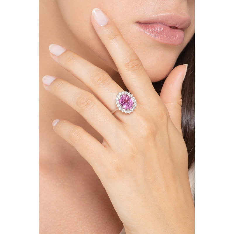 Bague Lady Diana en or blanc 18k avec saphir rose et diamants