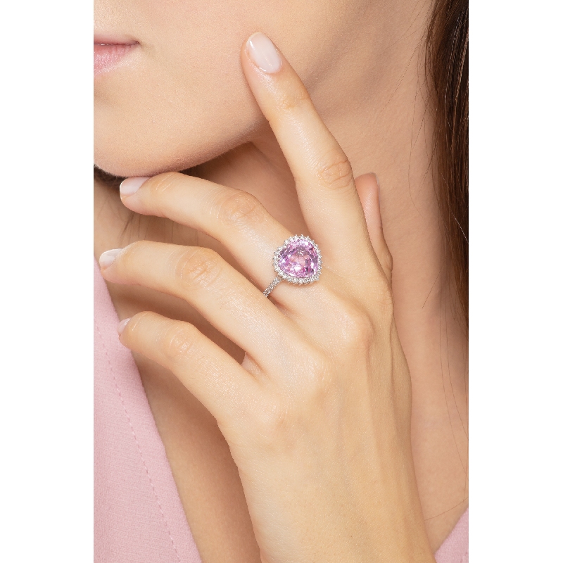 Bague en Or Blanc 18K avec Saphir Rose Cœur et Diamants
