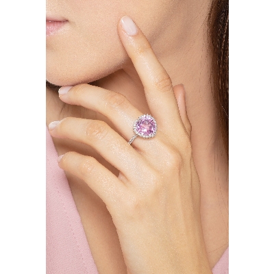 Bague en Or Blanc 18K avec Saphir Rose Cœur et Diamants