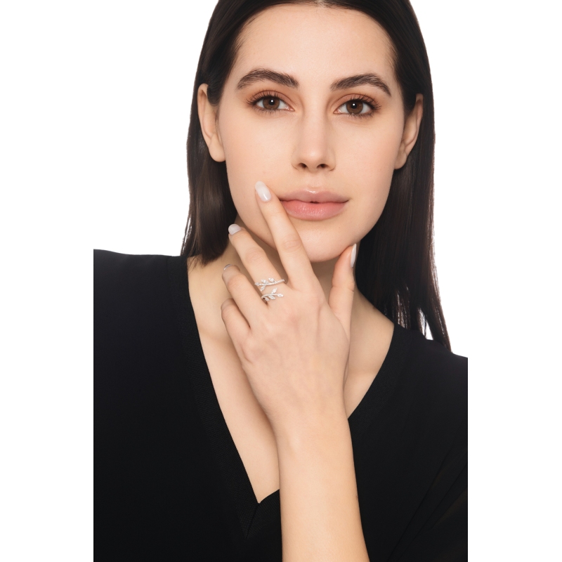 Bague feuille or blanc 18K diamants brillants