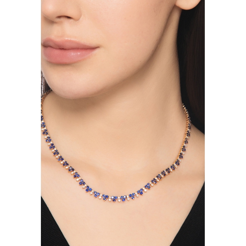 Collier tennis or rose 18k avec saphirs bleus et diamants