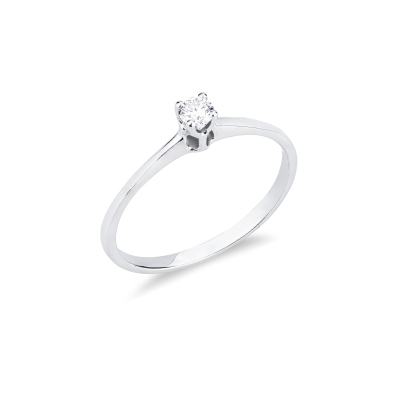 Bague solitaire en or blanc 18k à quatre griffes avec diamant ct. 0,10
