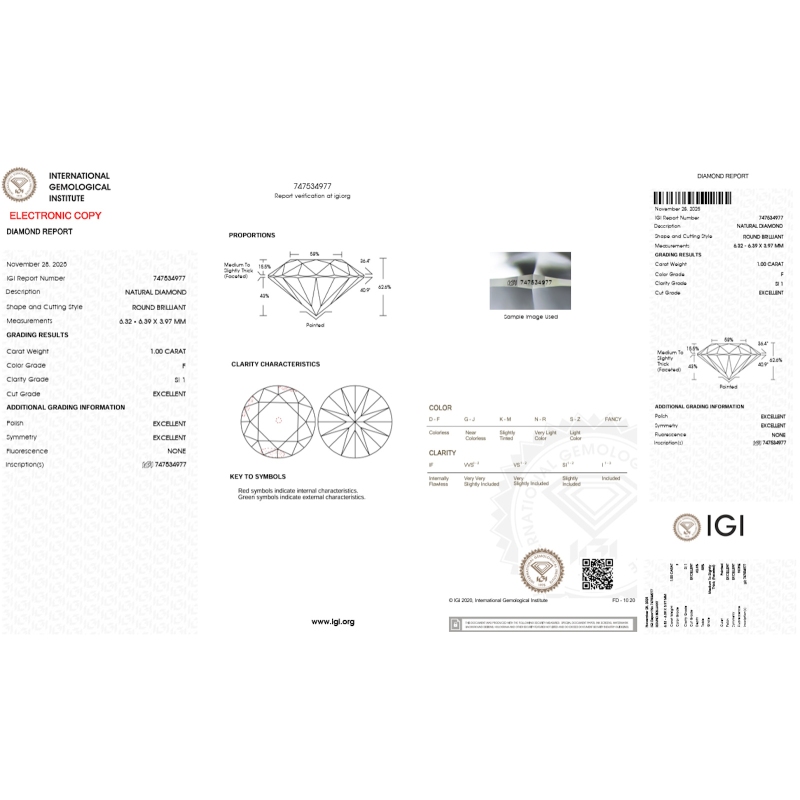 Diamant Certifié IGI  1.00 CT F SI1
