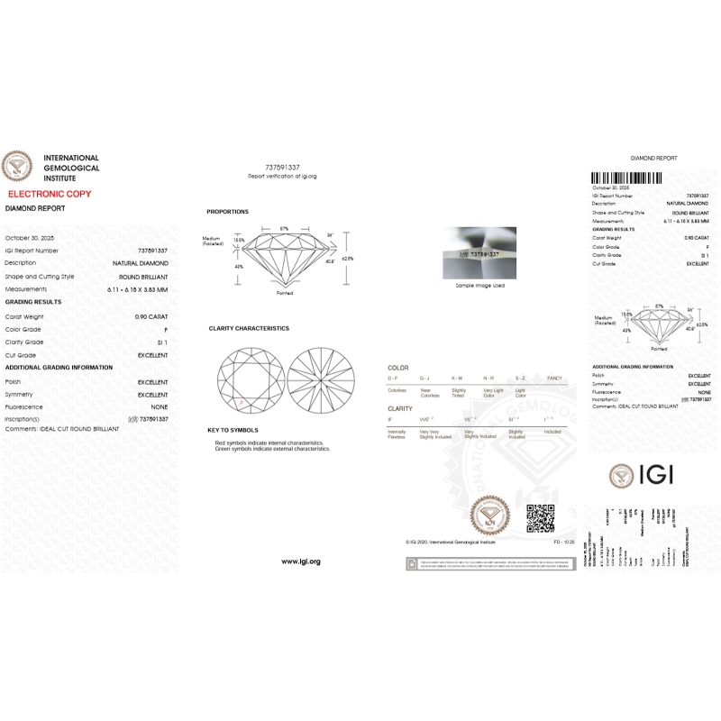 Diamant Certifié IGI  0.90 CT F SI1 