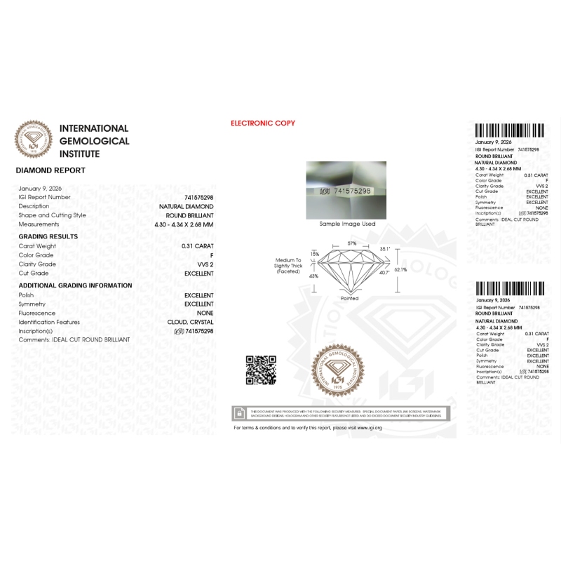 Diamant Certifié IGI  0.31 CT F VVS2 