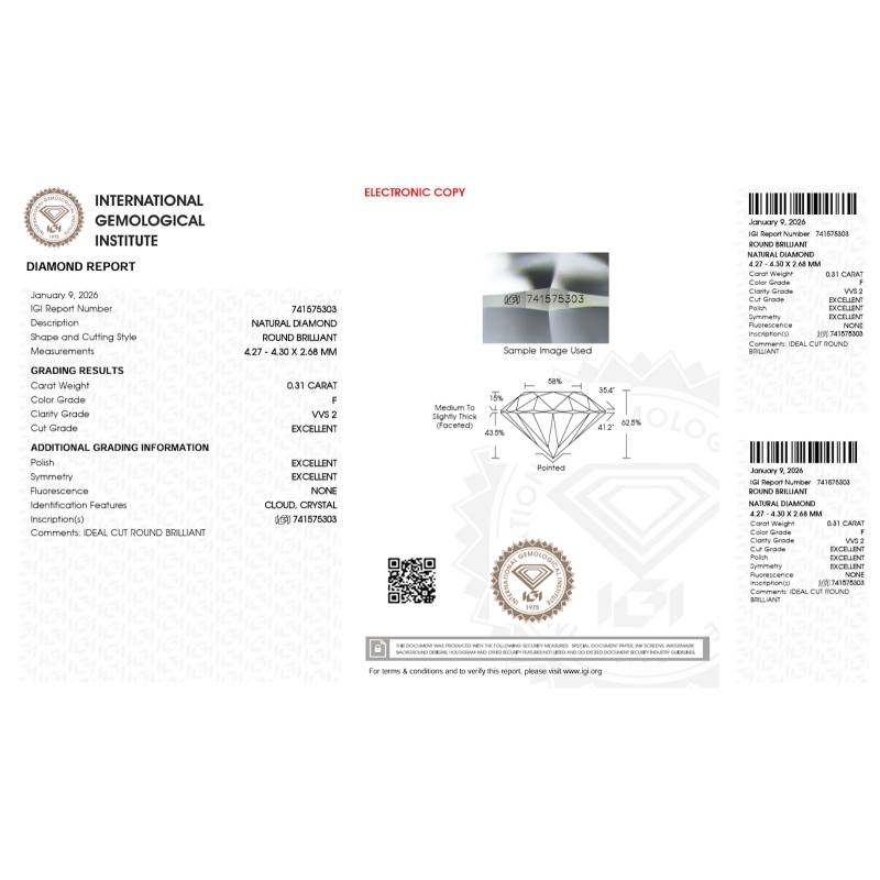 Diamant Certifié IGI  0.31 CT F VVS2