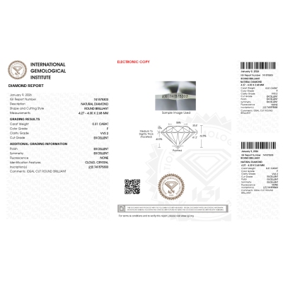 Diamant Certifié IGI  0.31 CT F VVS2