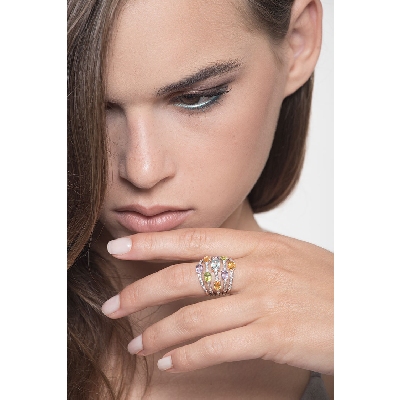 Bague bandeau en or 18ct avec péridot, citrine, améthyste, aigue-marine et diamants