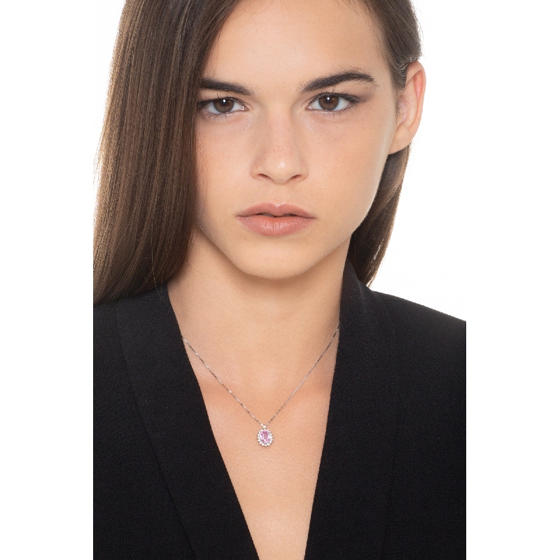 Pendentif halo en or blanc 18 carats avec saphir rose ovale et diamants
