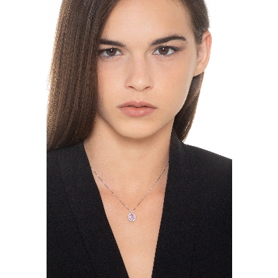 Pendentif halo en or blanc 18 carats avec saphir rose ovale et diamants