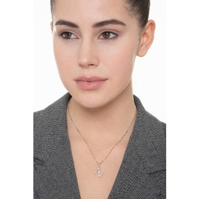 Collier en Or Blanc 18k avec Lettre N et Diamants