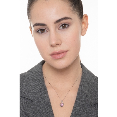 Collier Saphir Rose 7x5 mm & Diamants Or Blanc 18k