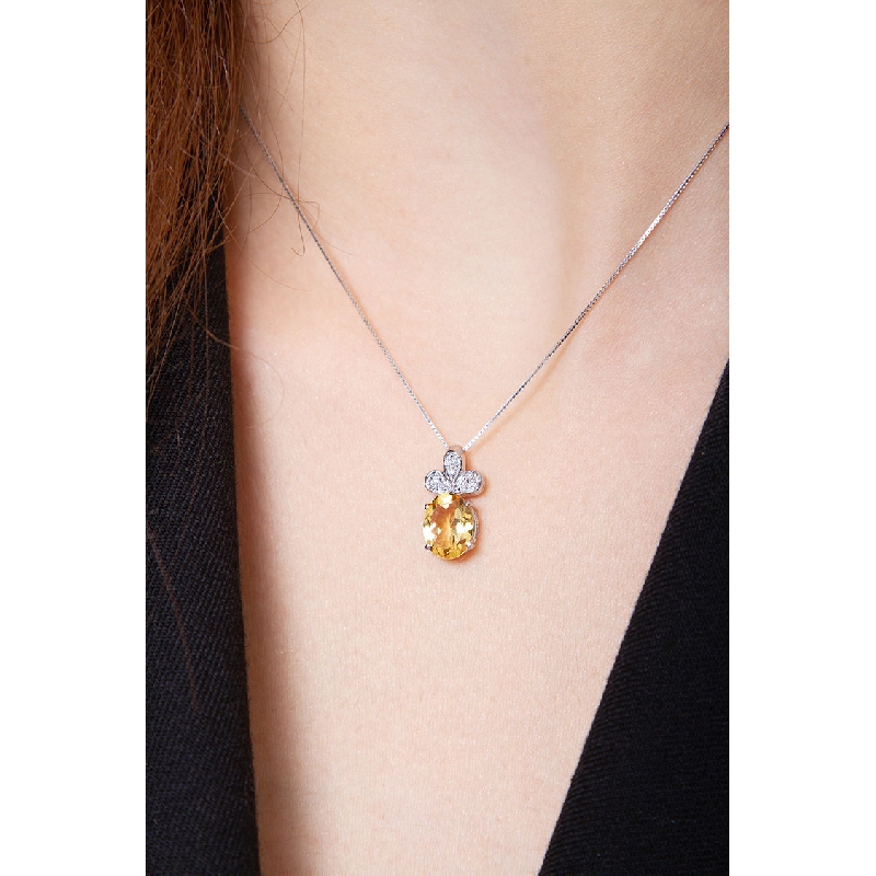 Collier en Or Blanc 18k avec Pendentif Citrine et Diamants