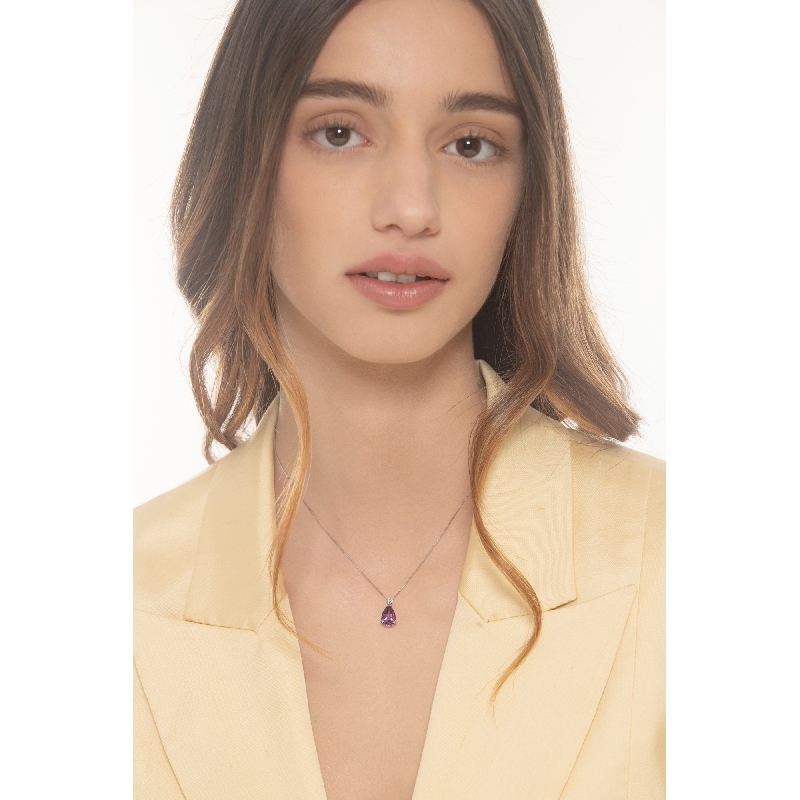 Collier or blanc 18k avec améthyste goutte et diamant