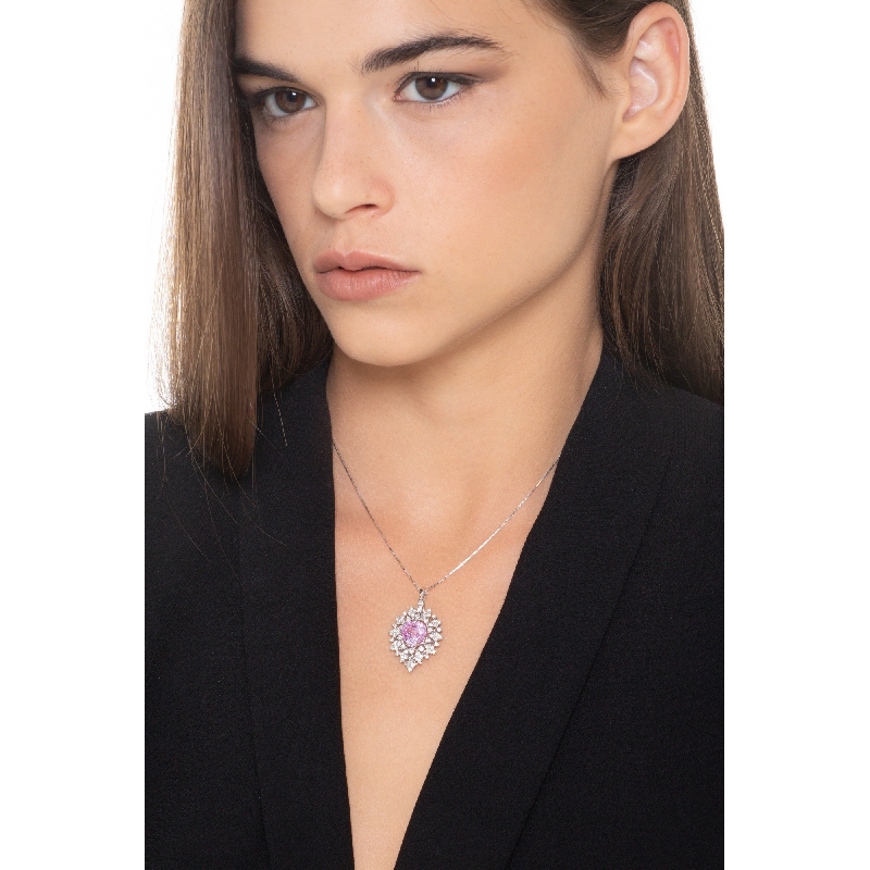 Pendentif en or blanc 18k avec saphir rose et diamants