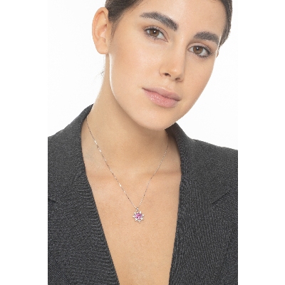 Collier saphir rose en or blanc 18k forme de fleur