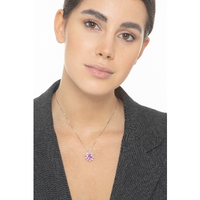 Collier or blanc 18k fleur saphir rose et pétales en diamants