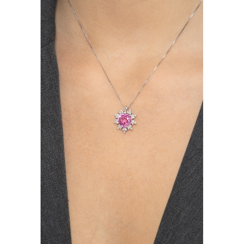 Collier or blanc 18k fleur saphir rose et pétales en diamants