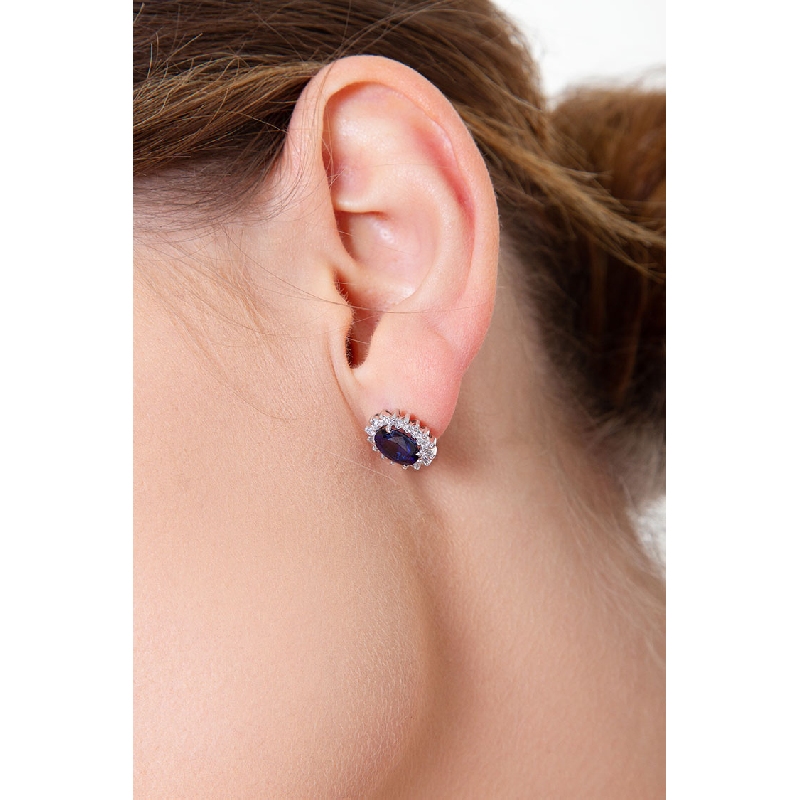 Boucles d'oreilles en or blanc 18k avec saphir bleu et diamants