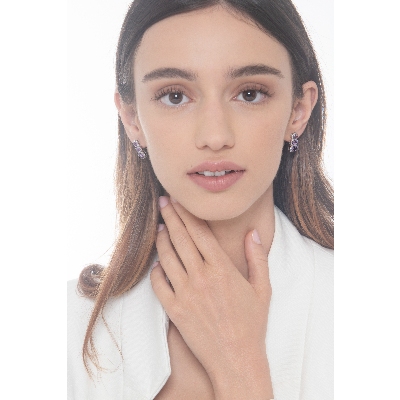 Boucles d’oreilles or blanc 18K trois améthystes et diamants