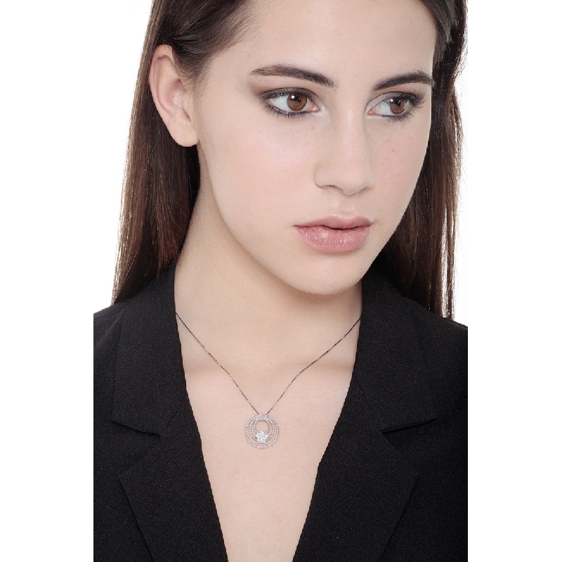 Collier en Or Blanc 18k avec Pendentif Fleur en Diamants et Cercles