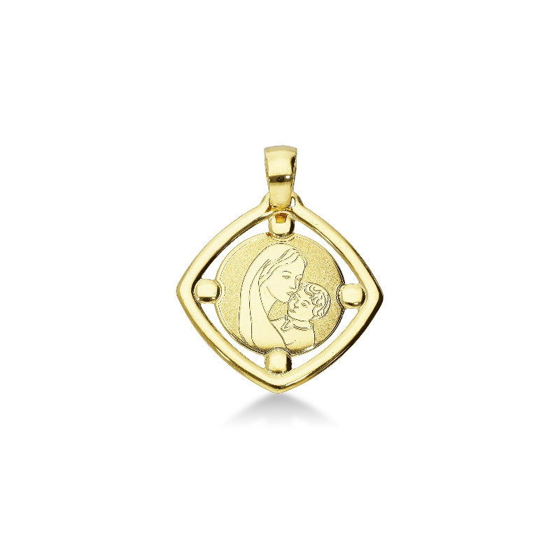 Médaille sacrée avec la Vierge et l'enfant en or jaune 18 carats.